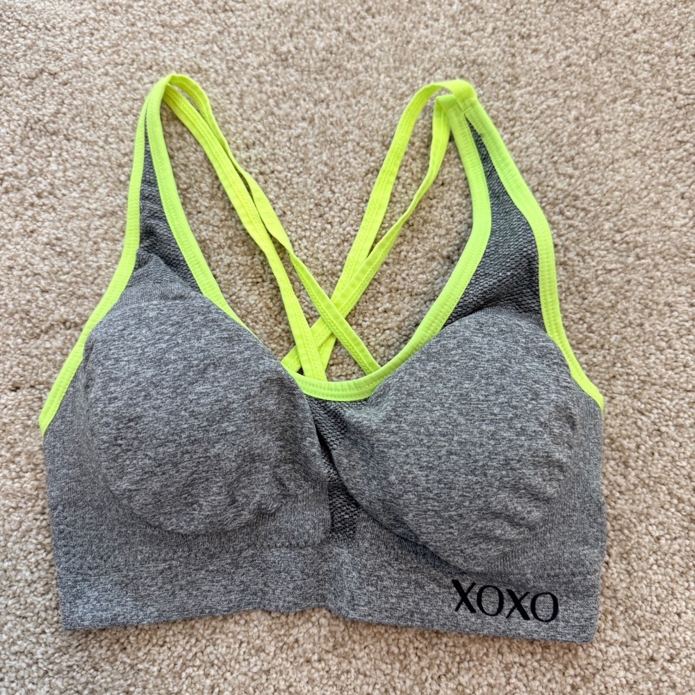 XOXO Sport Bra Womens Small Grey Neon Yellow Strappy Back Seamless 2768-49